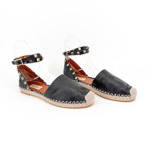 Valentino Garavani Rockstud Black Leather Espadrille Flats Size 37 US 7 Women's